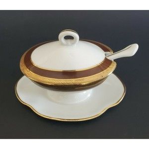 Richard Ginori Palmero Brown China Mustard Pot Tureen with Underplate & Spoon